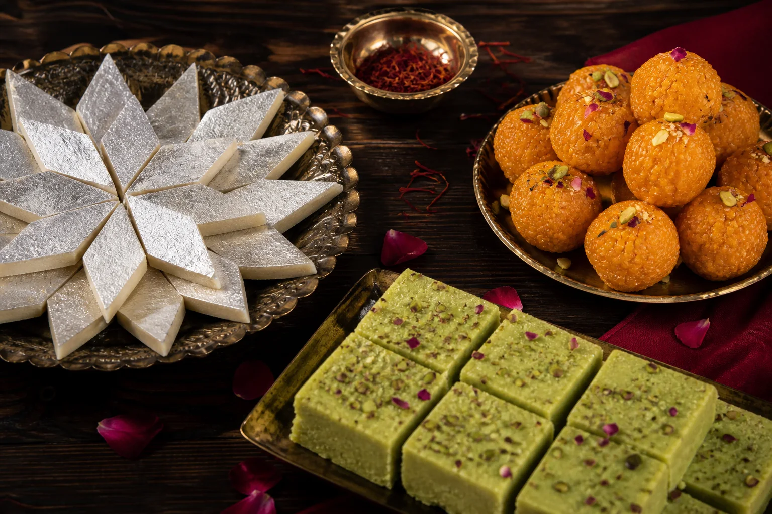 Mithais: Kaju katli, ladoo, silver-leafed boxes.