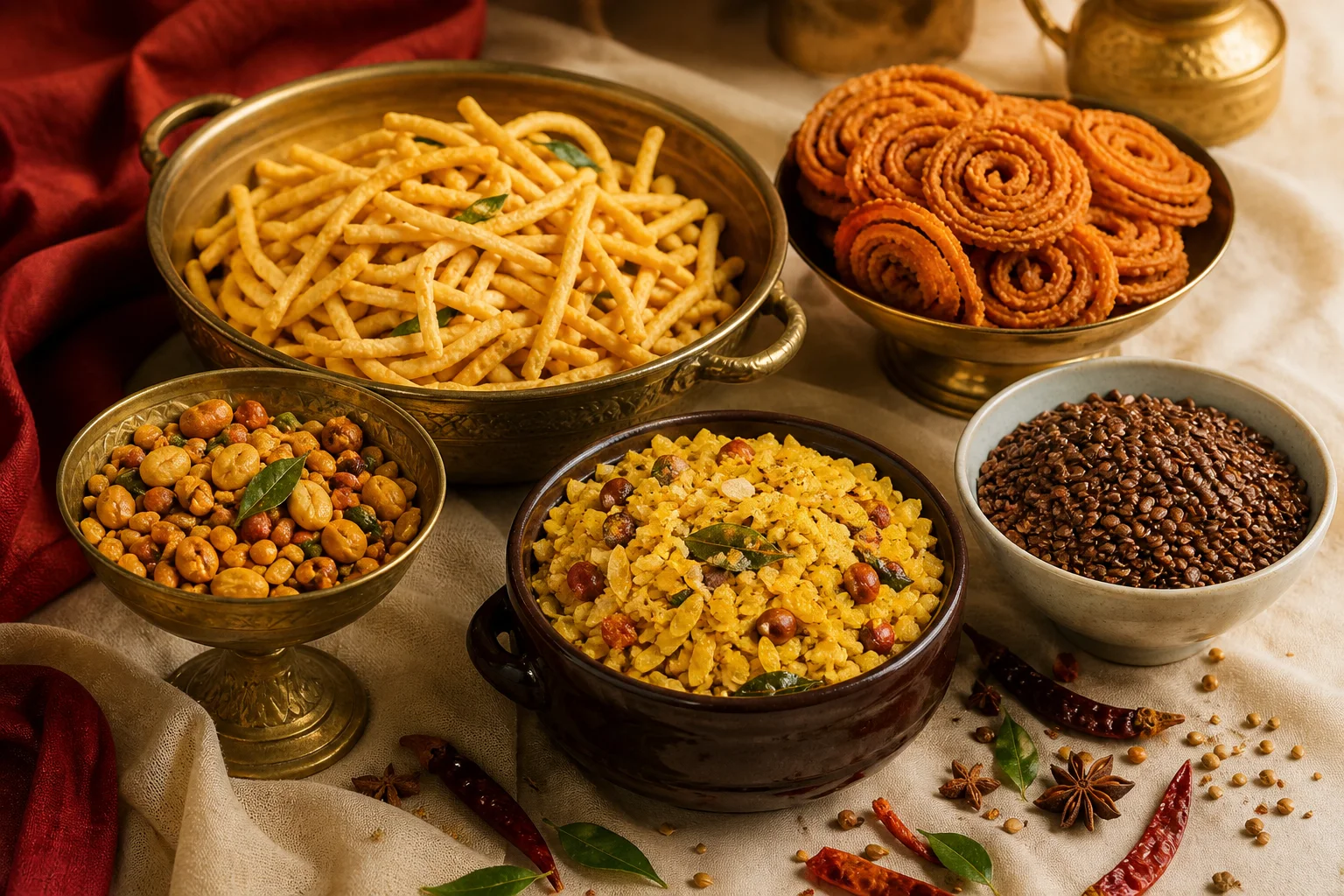 Namkeens & Savories: Chivda, gathiya, chakli, roasted seeds.